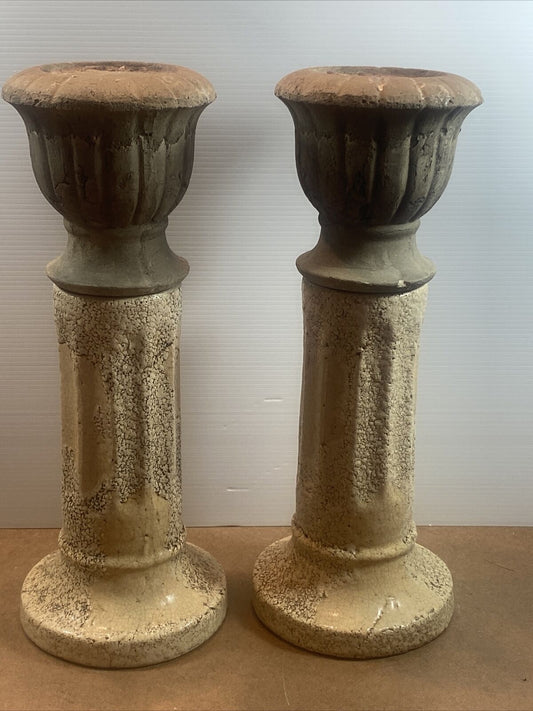 Pair  Pillar Candle Holder Rustic Retro Glazed Ceramic Ancient Look Pot Stand