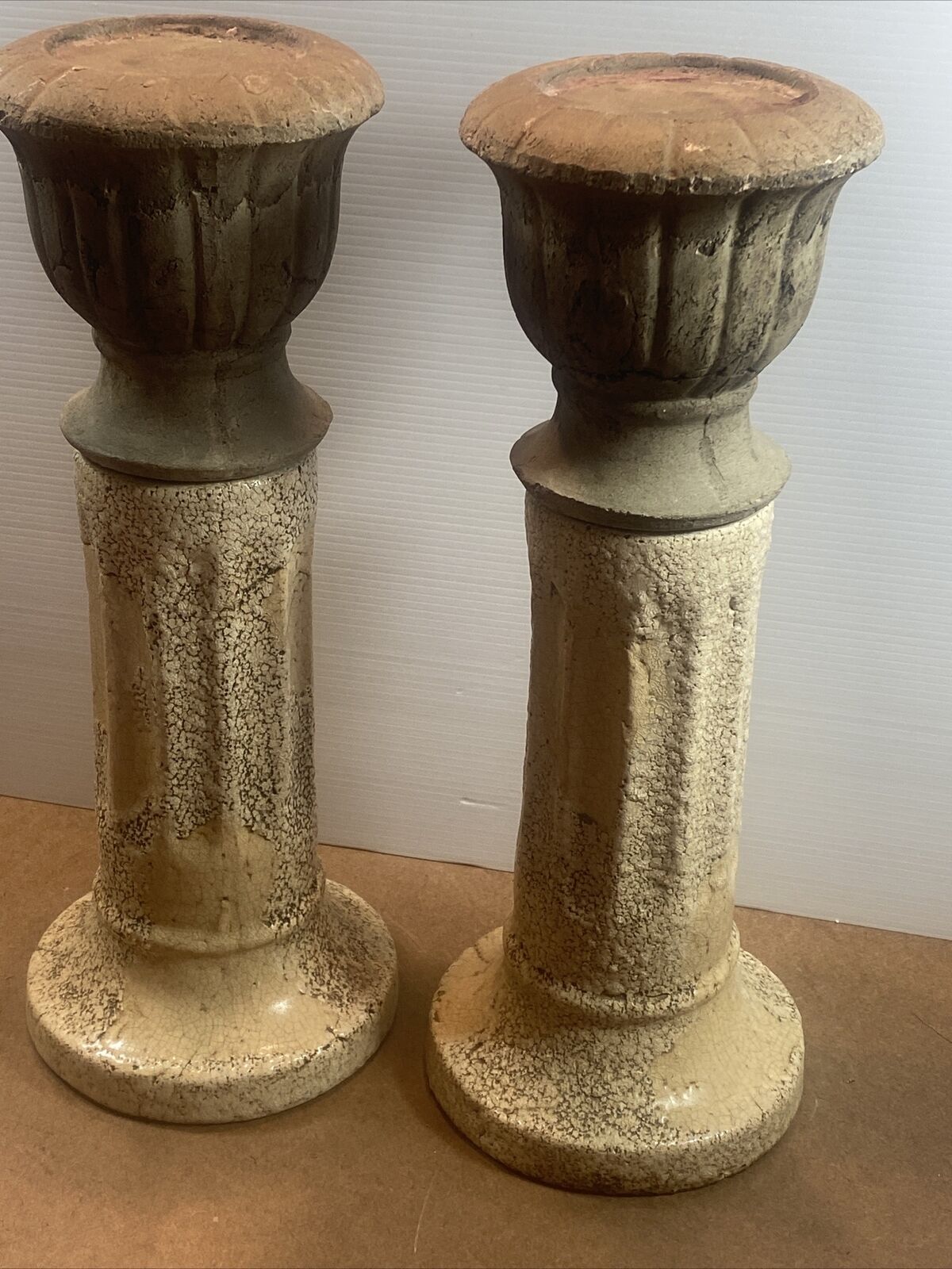 Pair  Pillar Candle Holder Rustic Retro Glazed Ceramic Ancient Look Pot Stand