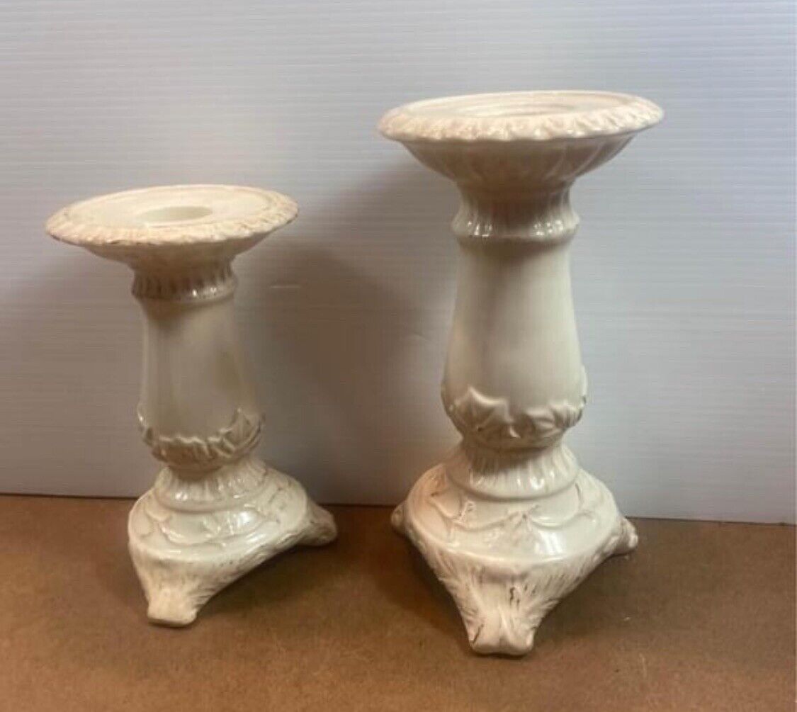 2x Head Hand & Heart Glazed Ceramic Pillar Tapered Candle Holder Pot Stand White