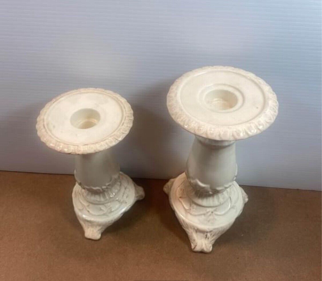 2x Head Hand & Heart Glazed Ceramic Pillar Tapered Candle Holder Pot Stand White