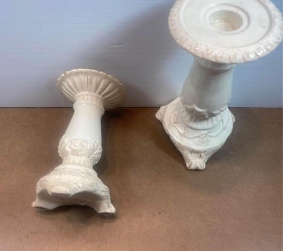 2x Head Hand & Heart Glazed Ceramic Pillar Tapered Candle Holder Pot Stand White