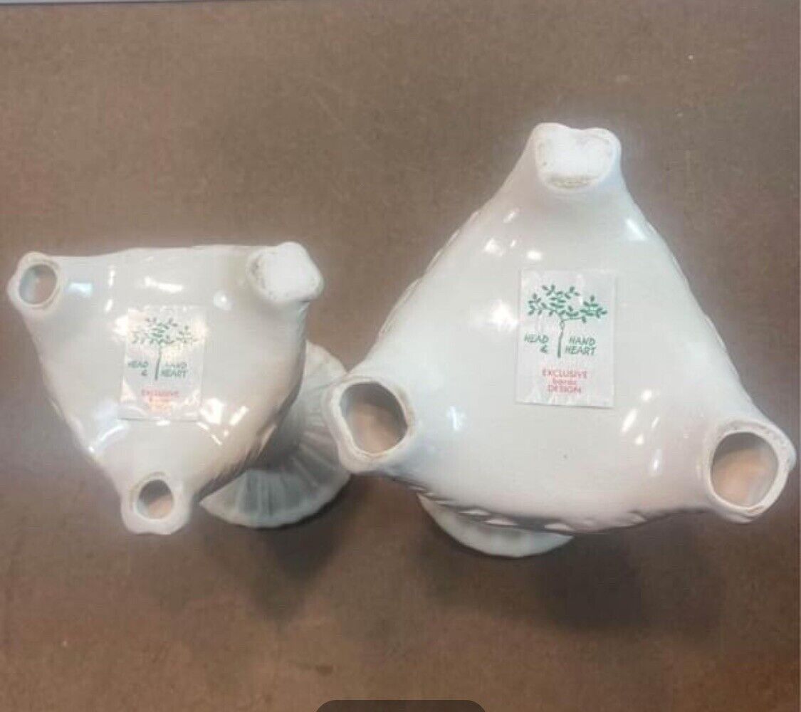 2x Head Hand & Heart Glazed Ceramic Pillar Tapered Candle Holder Pot Stand White