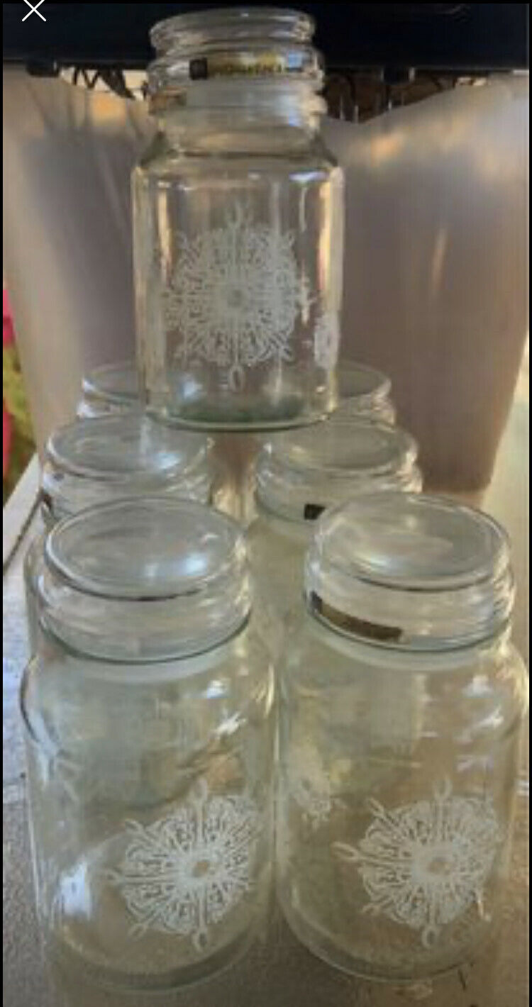 7x Moconna Jars 250 Decor Provincial White Pattern Limited Edition Storage Glass