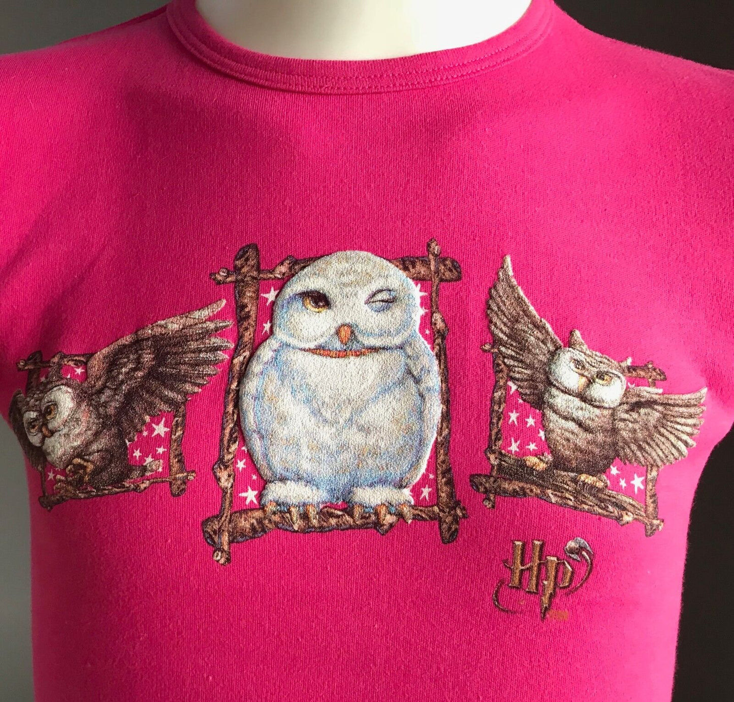 Girls Size 4 HP HARRY POTTER T Shirt Owl Print Hot Pink Short Sleeve NEW