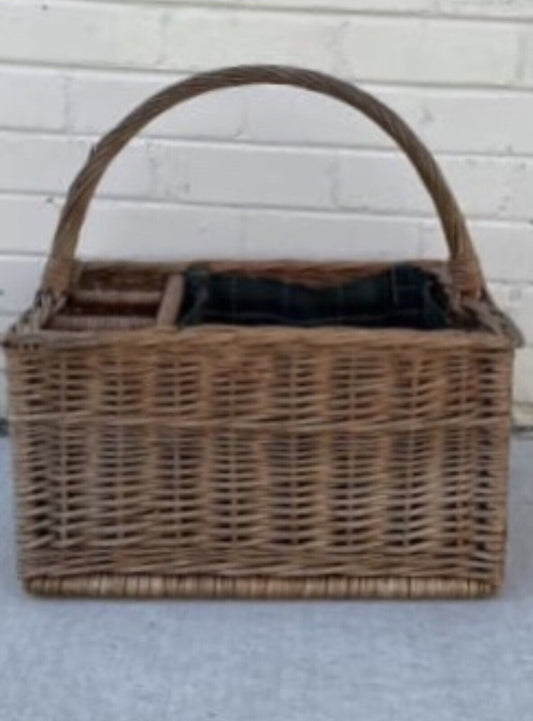 Vintage Picnic Basket 60cm Open Green Tartan Plaid Check Liner 3 Bottle AE65