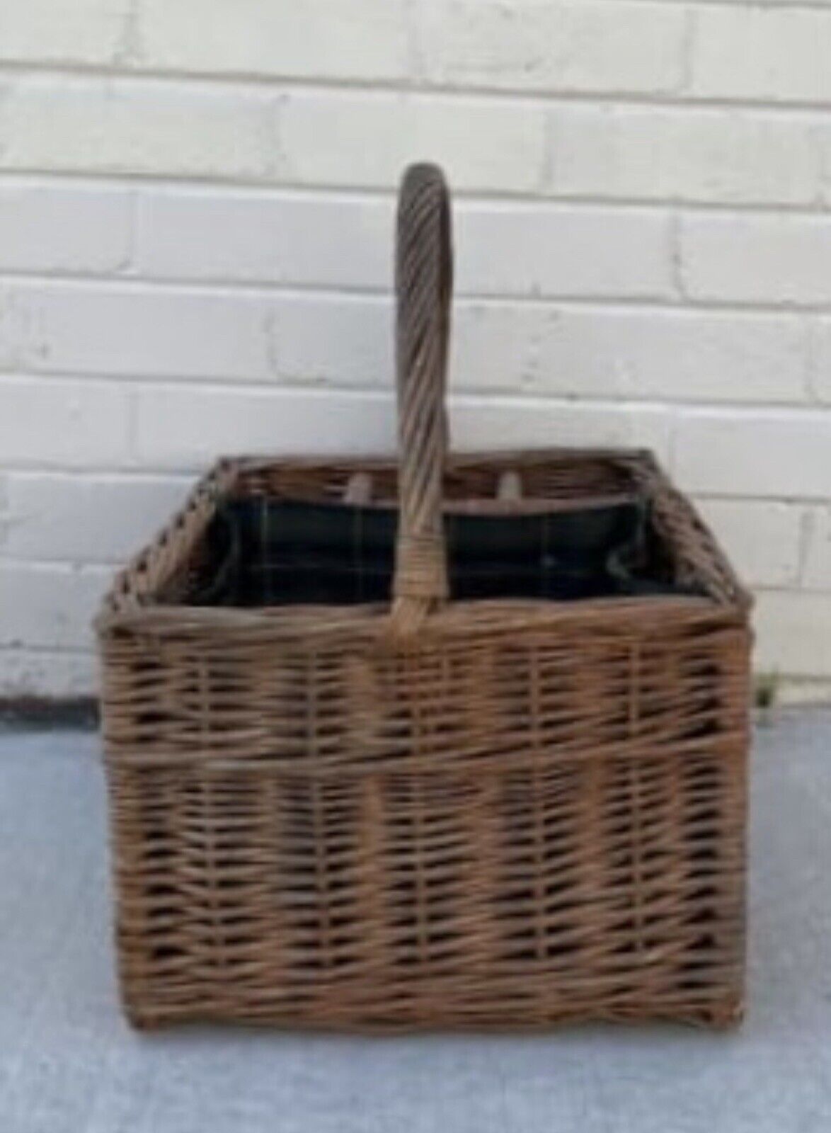 Vintage Picnic Basket 60cm Open Green Tartan Plaid Check Liner 3 Bottle AE65