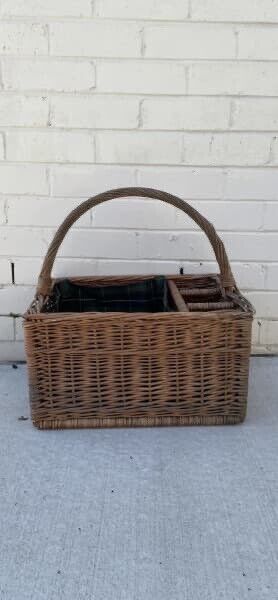 Vintage Picnic Basket 60cm Open Green Tartan Plaid Check Liner 3 Bottle AE65