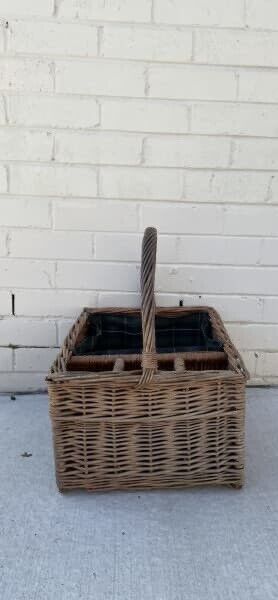 Vintage Picnic Basket 60cm Open Green Tartan Plaid Check Liner 3 Bottle AE65