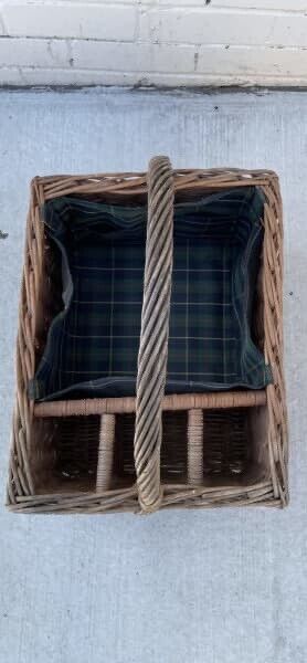 Vintage Picnic Basket 60cm Open Green Tartan Plaid Check Liner 3 Bottle AE65