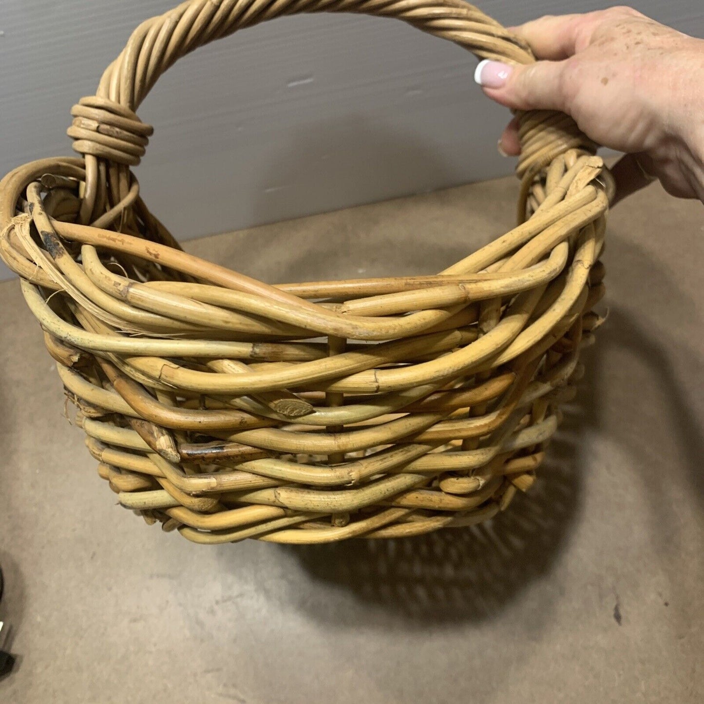 Vintage Picnic Basket  36cm Thick Cane Market Trug Gift Basket Flowers Handle