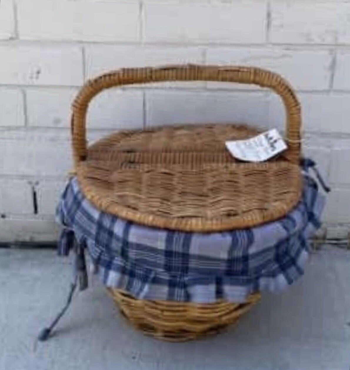Vintage Picnic Basket 45cm Bamboo Cane French  Check Liner Display Storage AE64