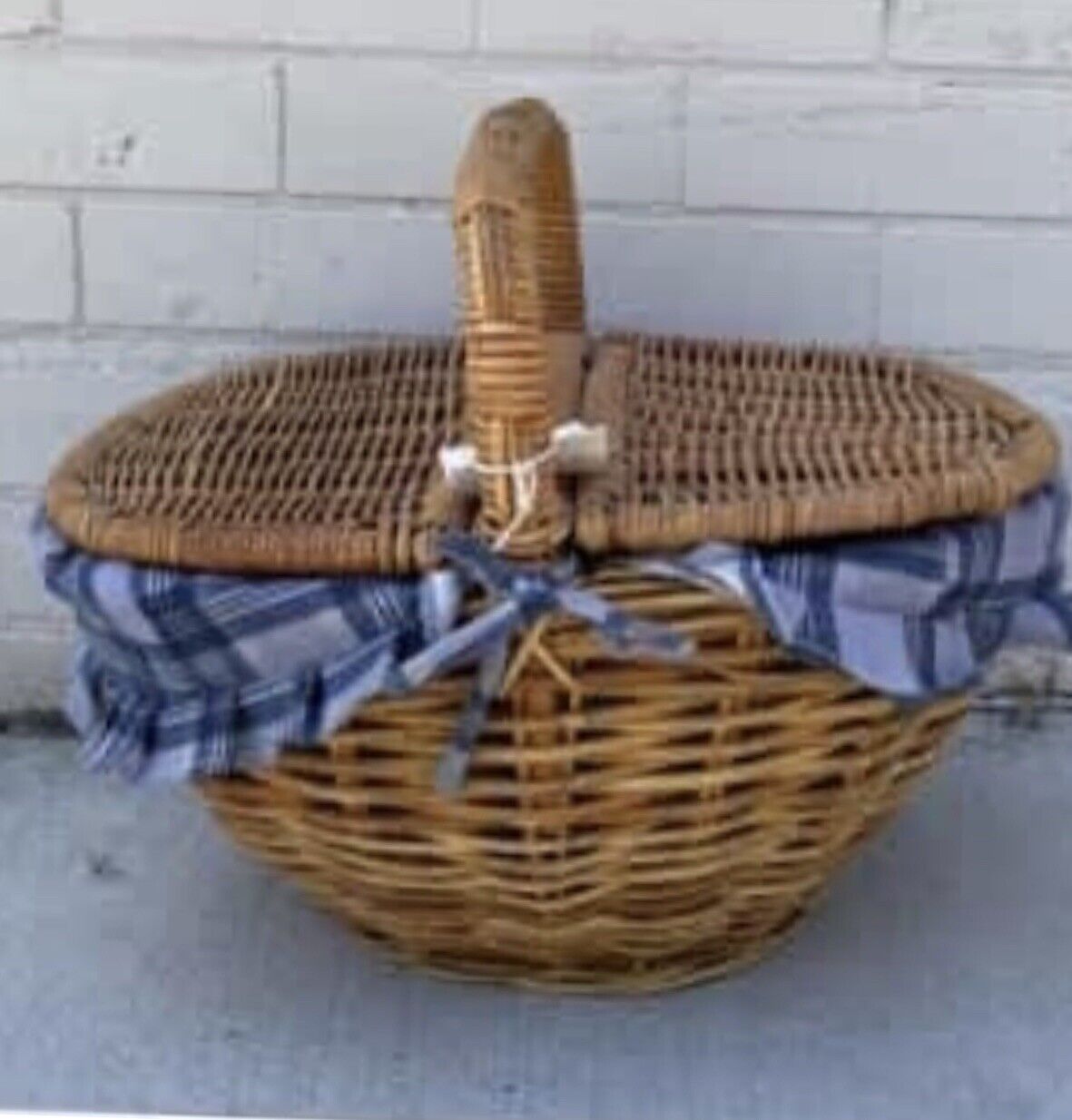 Vintage Picnic Basket 45cm Bamboo Cane French  Check Liner Display Storage AE64