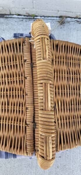 Vintage Picnic Basket 45cm Bamboo Cane French  Check Liner Display Storage AE64