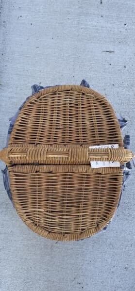 Vintage Picnic Basket 45cm Bamboo Cane French  Check Liner Display Storage AE64