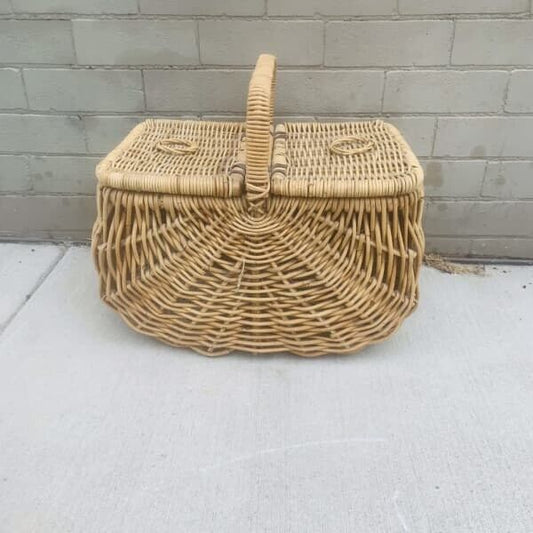 Vintage Picnic Basket. 54cm BAMBOO CANE HAMPER FRENCH Flat Lids Leather Binding