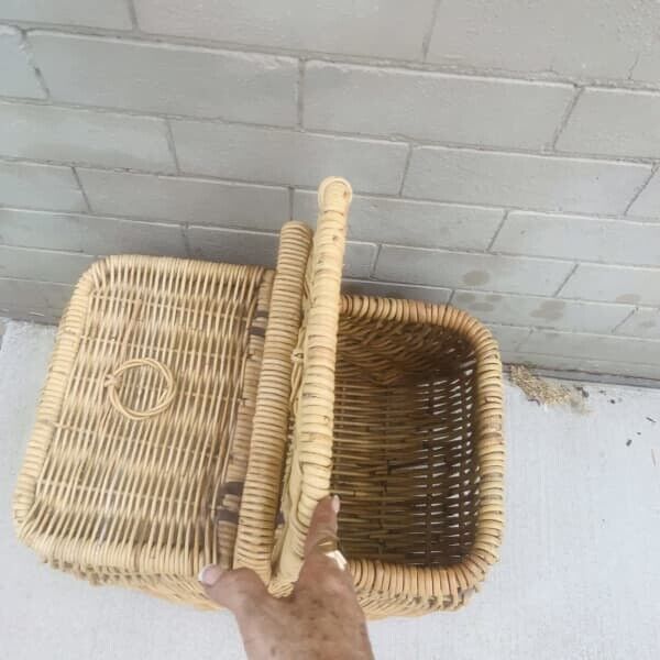 Vintage Picnic Basket. 54cm BAMBOO CANE HAMPER FRENCH Flat Lids Leather Binding