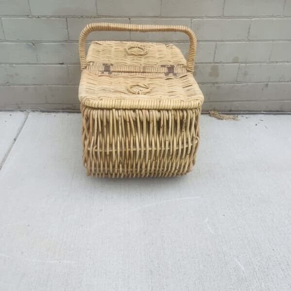 Vintage Picnic Basket. 54cm BAMBOO CANE HAMPER FRENCH Flat Lids Leather Binding