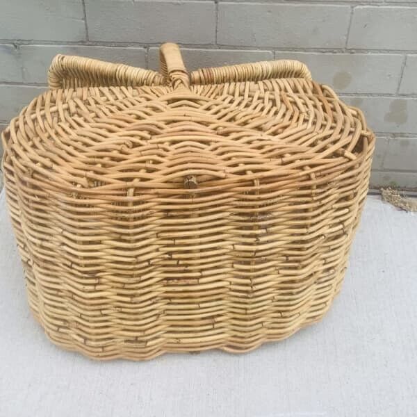 Vintage Picnic Basket. 54cm BAMBOO CANE HAMPER FRENCH Flat Lids Leather Binding