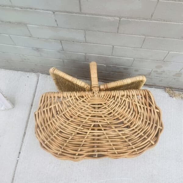 Vintage Picnic Basket. 54cm BAMBOO CANE HAMPER FRENCH Flat Lids Leather Binding