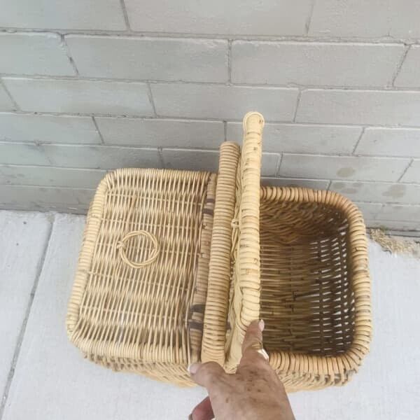 Vintage Picnic Basket. 54cm BAMBOO CANE HAMPER FRENCH Flat Lids Leather Binding