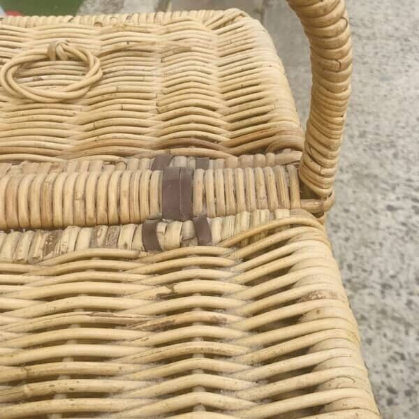 Vintage Picnic Basket. 54cm BAMBOO CANE HAMPER FRENCH Flat Lids Leather Binding