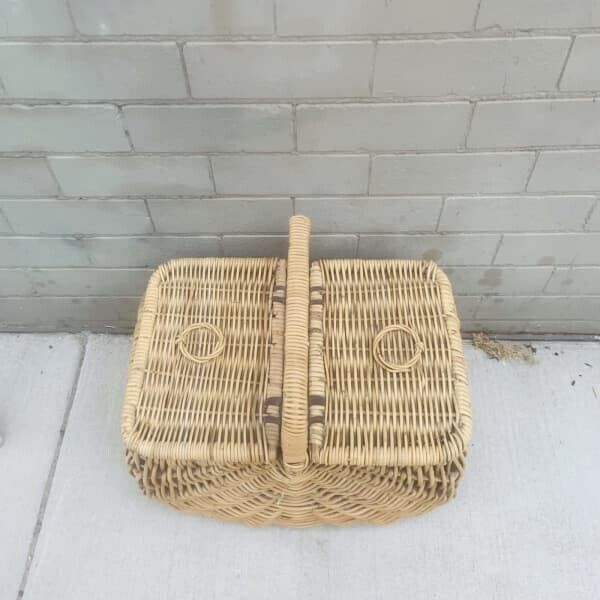 Vintage Picnic Basket. 54cm BAMBOO CANE HAMPER FRENCH Flat Lids Leather Binding