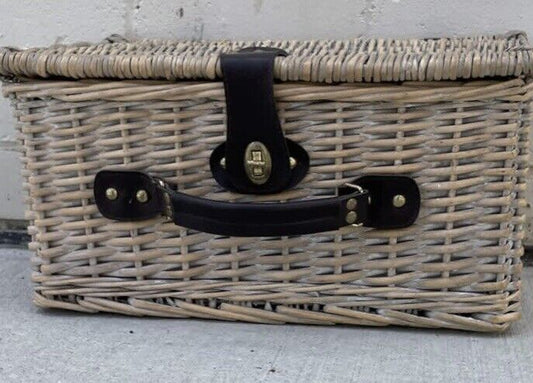 Picnic Basket English Style 38.5cm Hamper Bamboo Cane Carry Case Lime Wash AE54