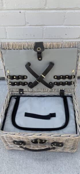 Picnic Basket English Style 38.5cm Hamper Bamboo Cane Carry Case Lime Wash AE54