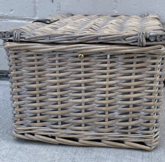 Picnic Basket English Style 38.5cm Hamper Bamboo Cane Carry Case Lime Wash AE54
