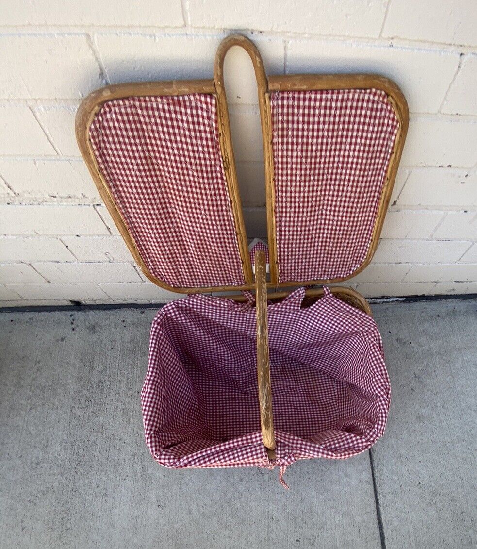 Picnic Basket 1980’s 48cm Split Cane French Red Check Liner Display Storage E128