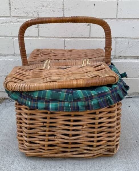 Vintage Picnic Basket 50cm BAMBOO CANE HAMPER FRENCH Green TARTAN LINER AE55