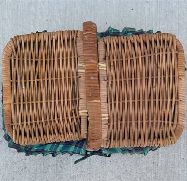 Vintage Picnic Basket 50cm BAMBOO CANE HAMPER FRENCH Green TARTAN LINER AE55