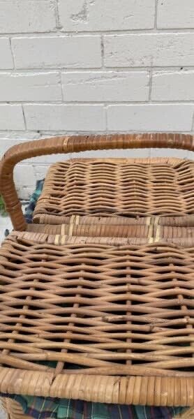 Vintage Picnic Basket 50cm BAMBOO CANE HAMPER FRENCH Green TARTAN LINER AE55