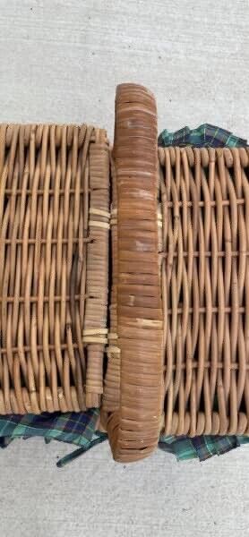 Vintage Picnic Basket 50cm BAMBOO CANE HAMPER FRENCH Green TARTAN LINER AE55