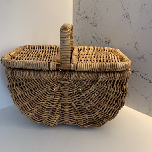 Vintage Picnic Basket 41cm Bamboo Cane French Lift Off Lid  Display Storage DEMc