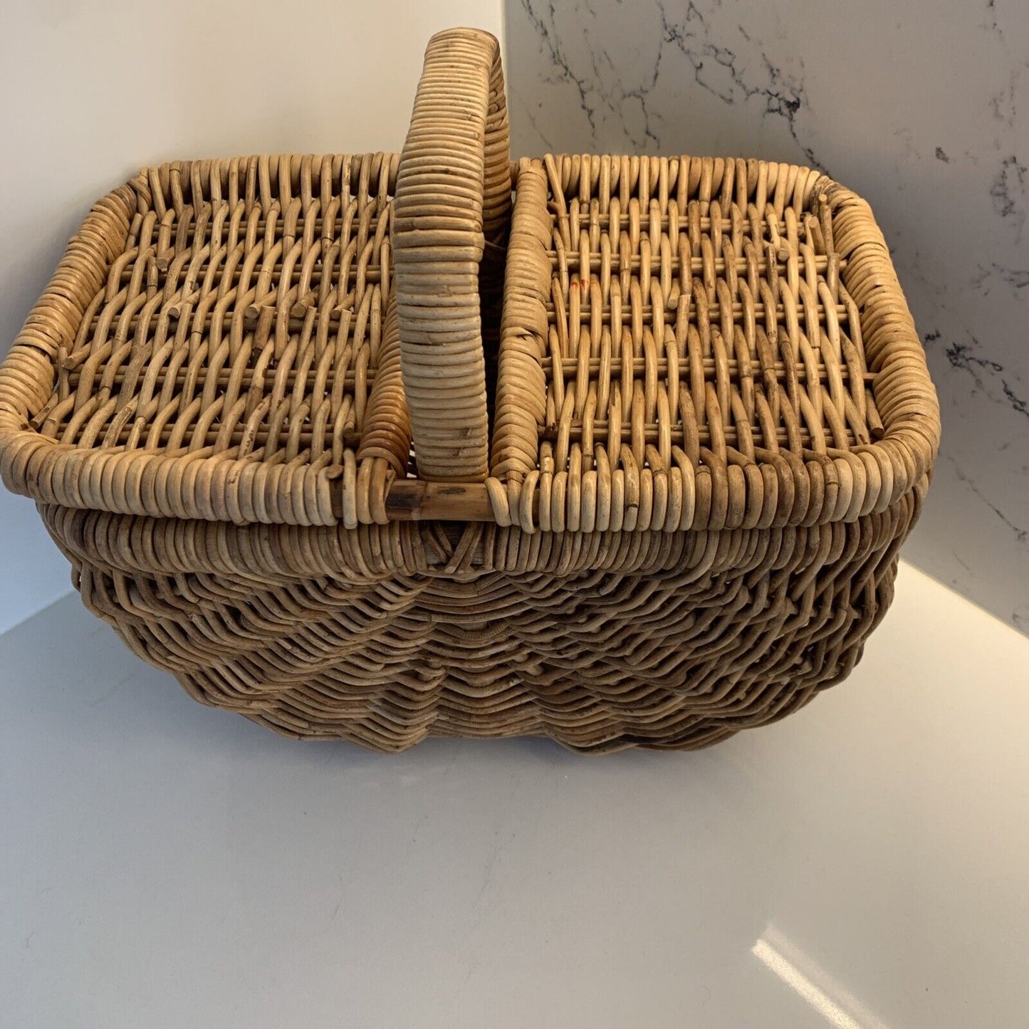 Vintage Picnic Basket 41cm Bamboo Cane French Lift Off Lid  Display Storage DEMc