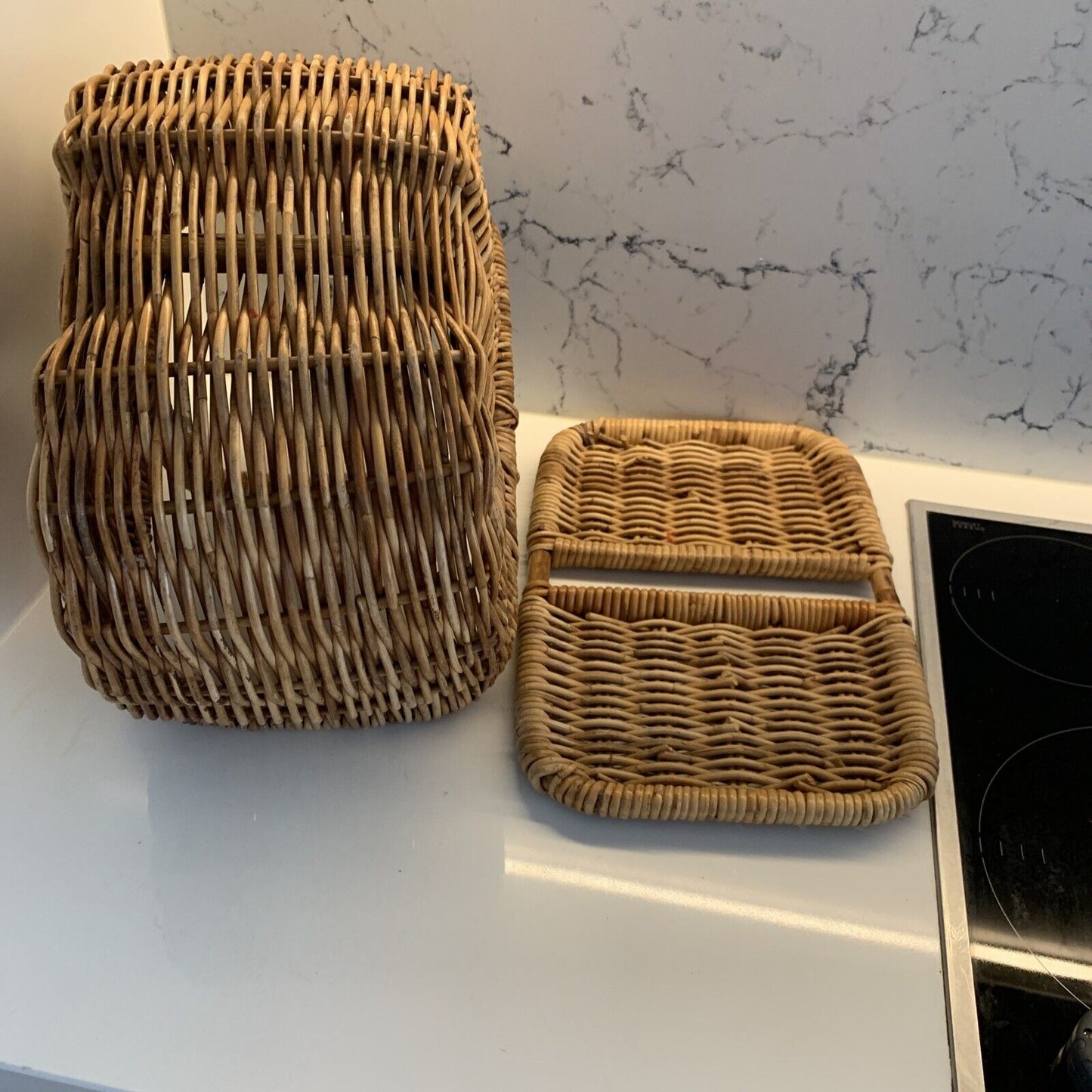 Vintage Picnic Basket 41cm Bamboo Cane French Lift Off Lid  Display Storage DEMc
