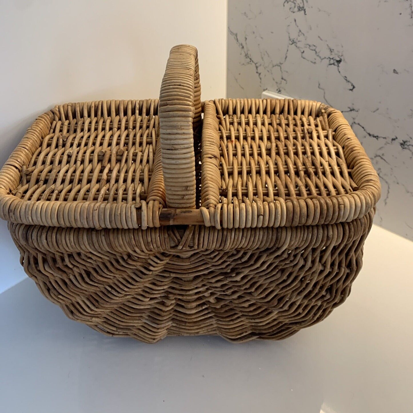 Vintage Picnic Basket 41cm Bamboo Cane French Lift Off Lid  Display Storage DEMc