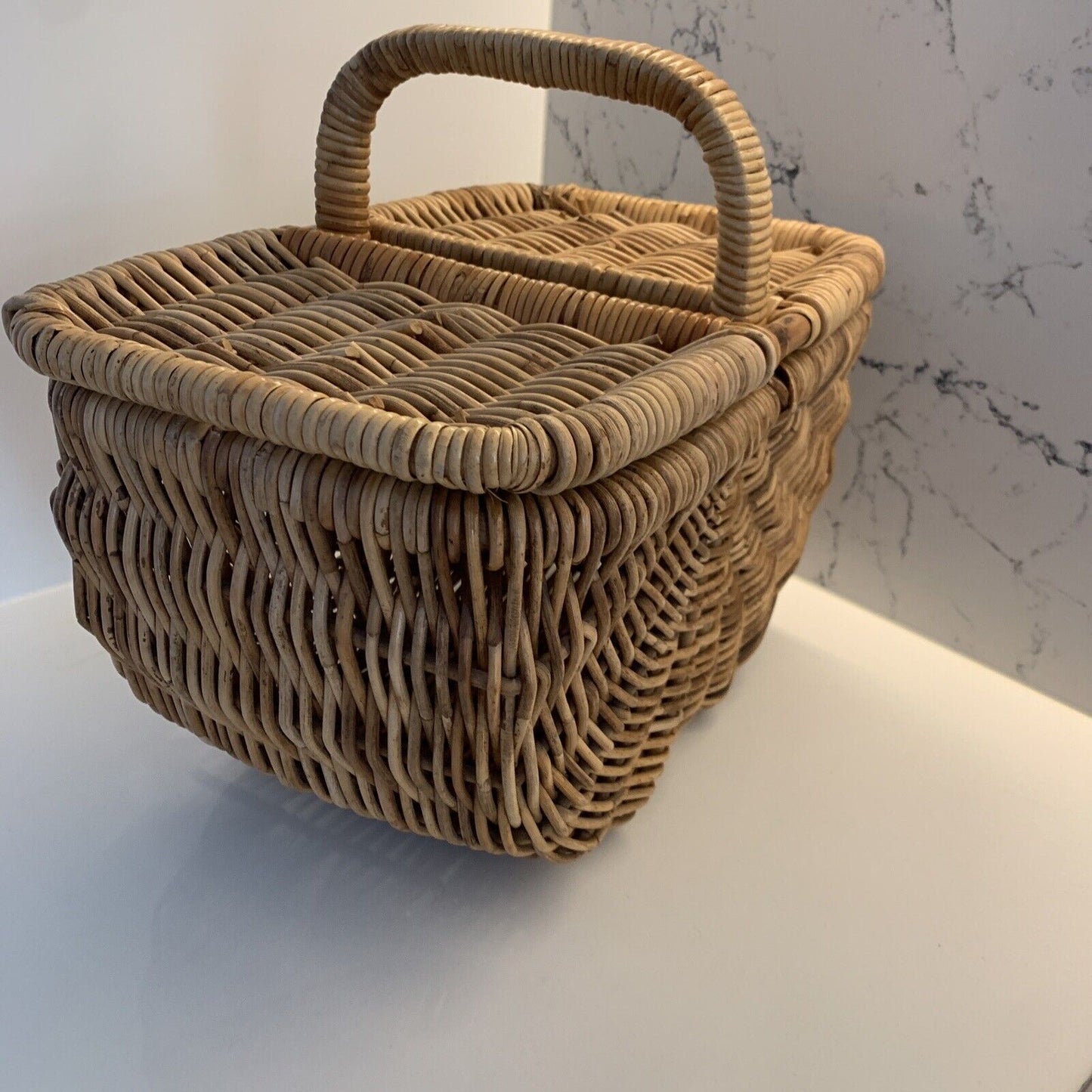 Vintage Picnic Basket 41cm Bamboo Cane French Lift Off Lid  Display Storage DEMc