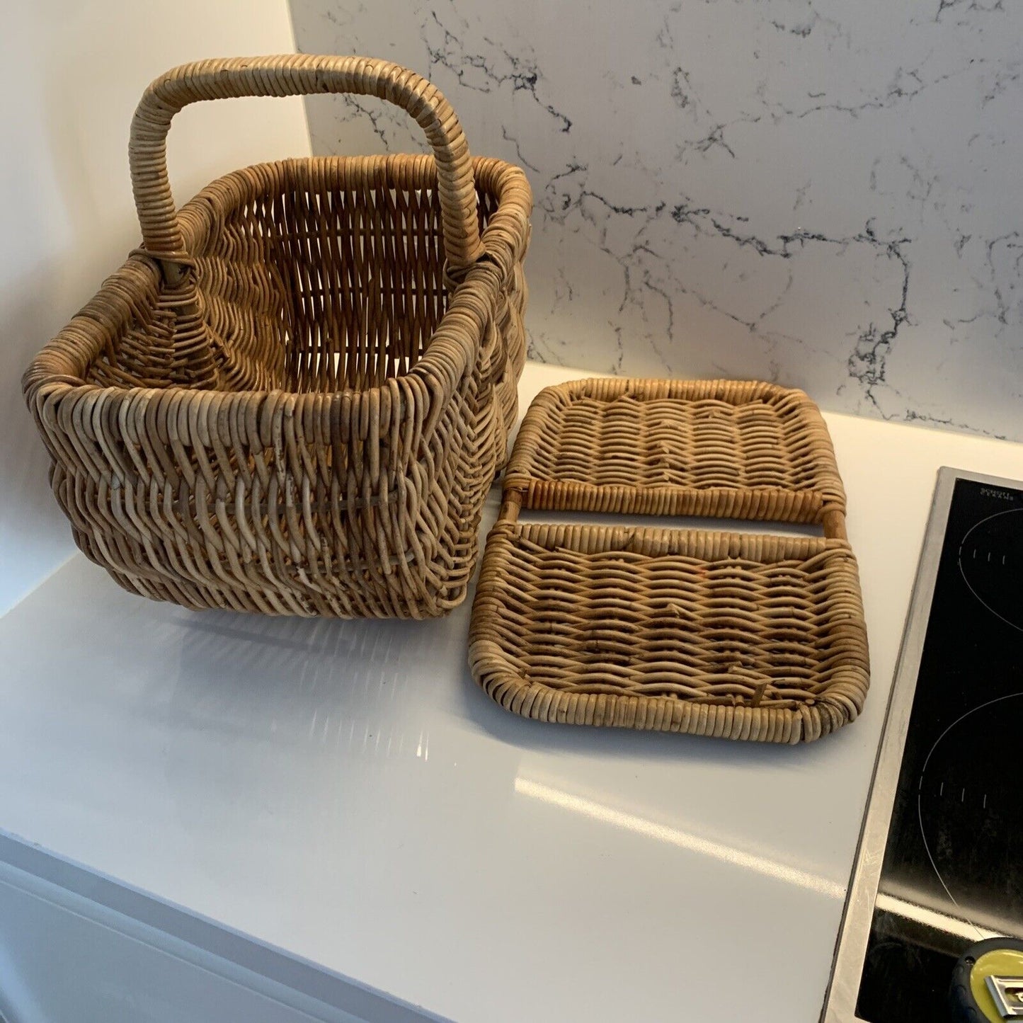 Vintage Picnic Basket 41cm Bamboo Cane French Lift Off Lid  Display Storage DEMc