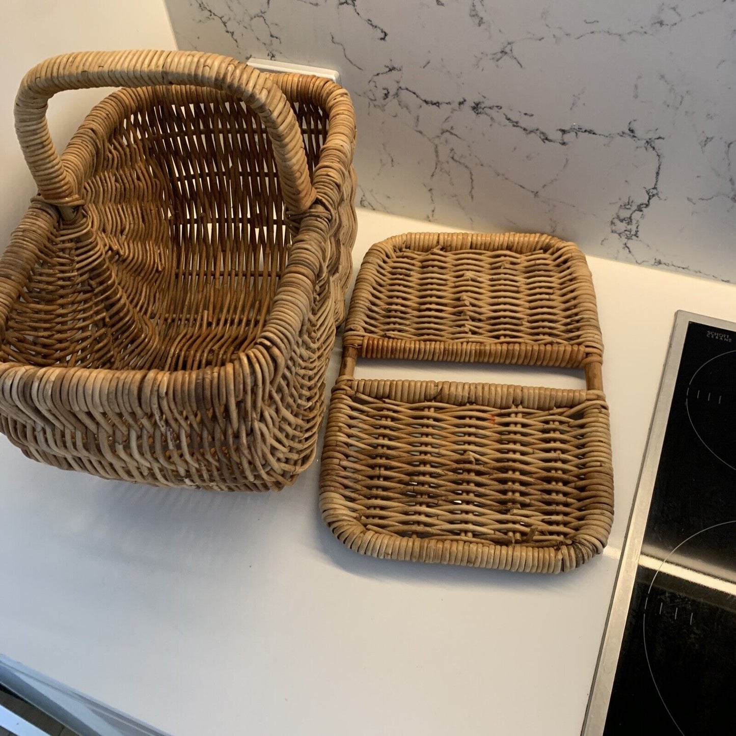 Vintage Picnic Basket 41cm Bamboo Cane French Lift Off Lid  Display Storage DEMc