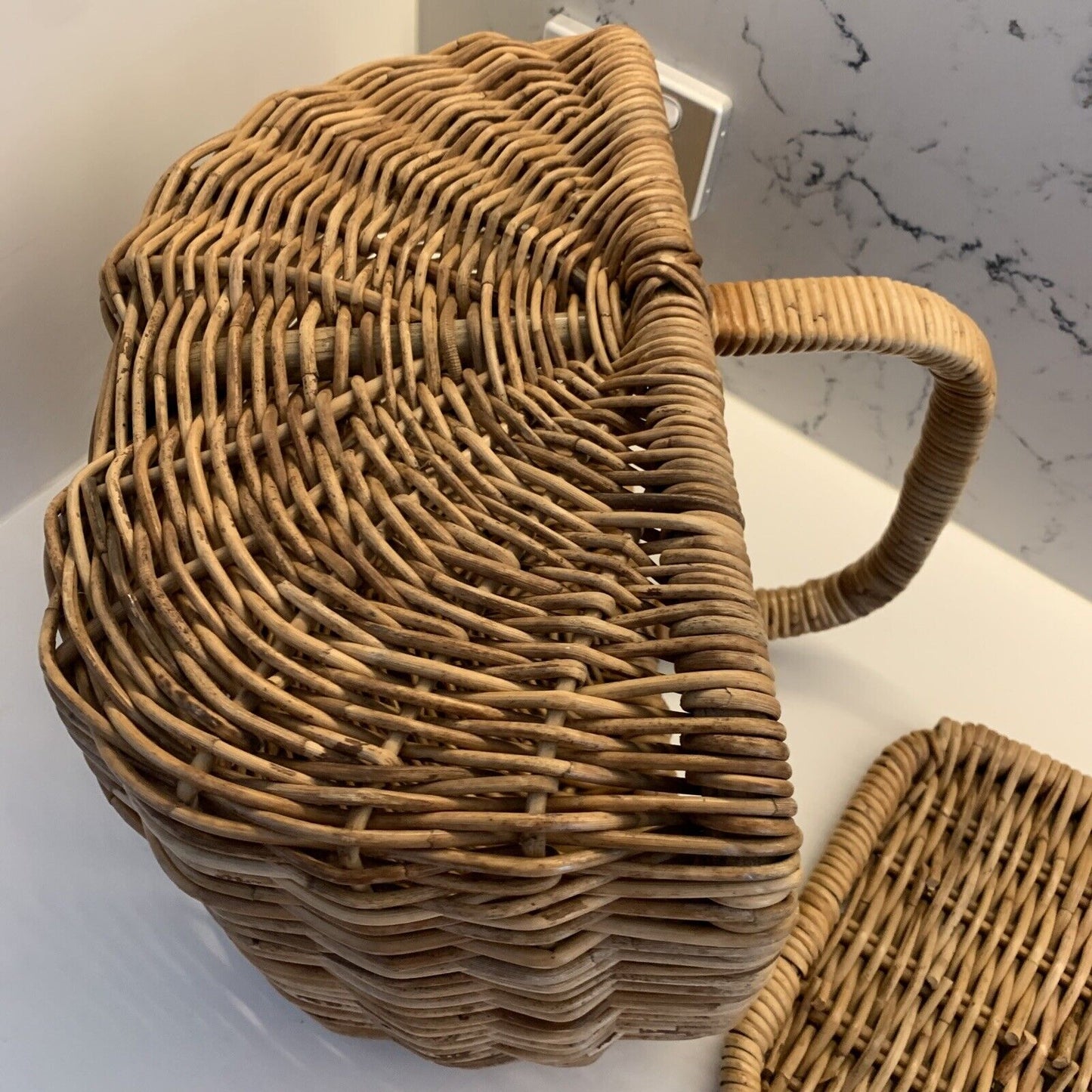 Vintage Picnic Basket 41cm Bamboo Cane French Lift Off Lid  Display Storage DEMc