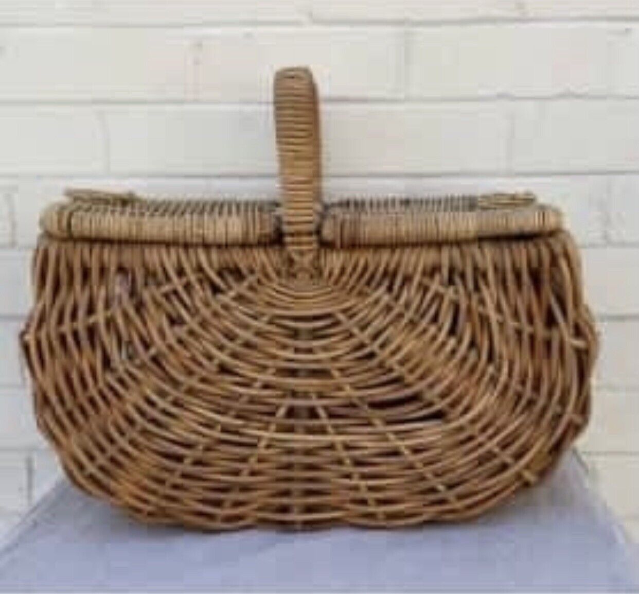 Vintage Picnic Basket 47cm BAMBOO CANE HAMPER FRENCH 2 Lids Leather Binding AE47
