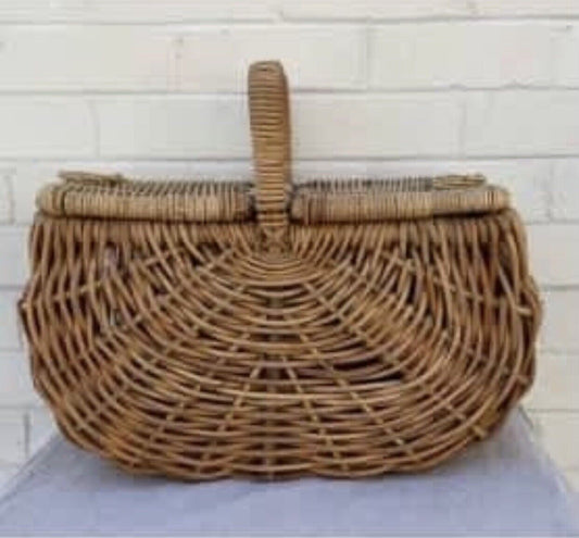 Vintage Picnic Basket 47cm BAMBOO CANE HAMPER FRENCH 2 Lids Leather Binding AE47