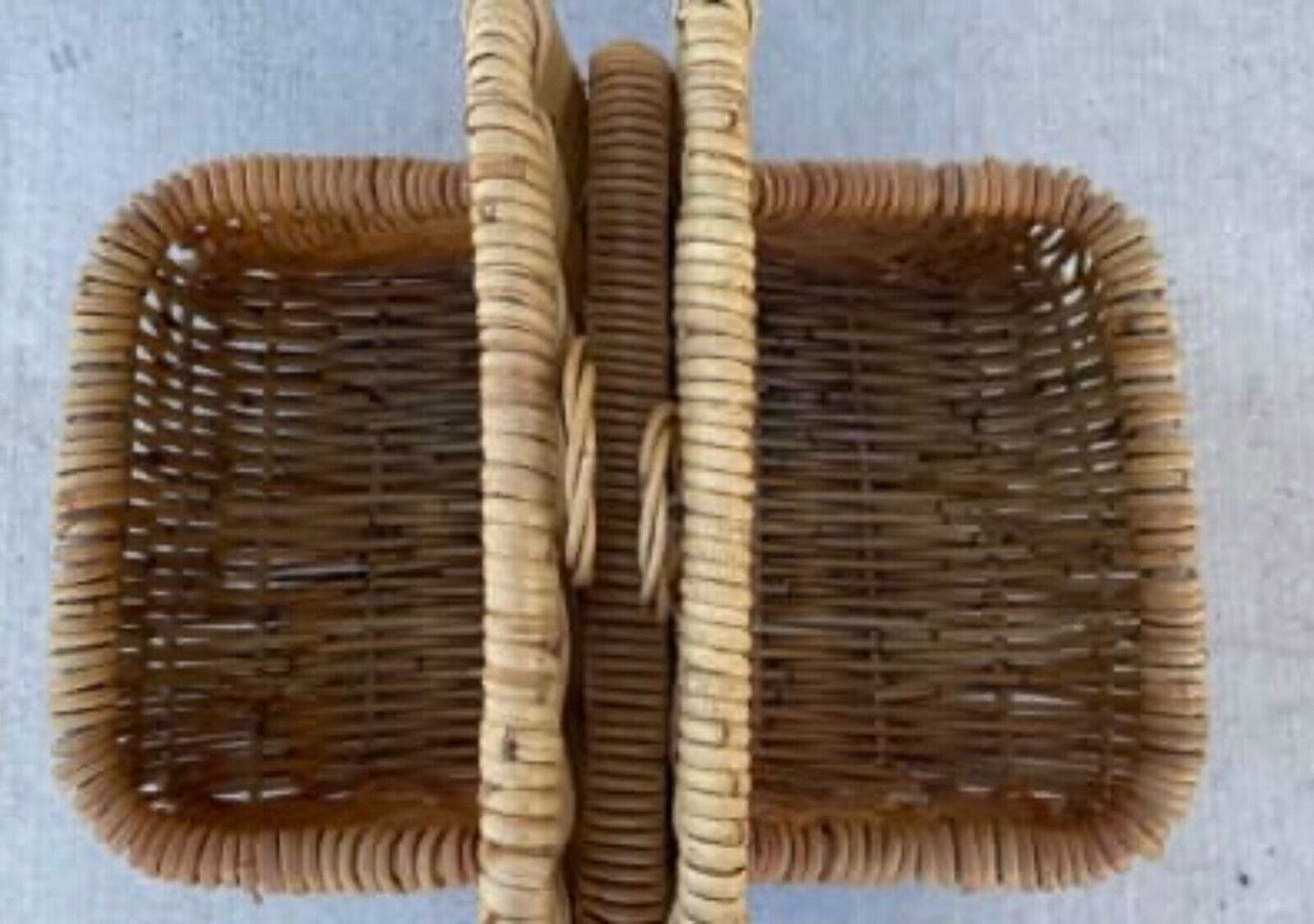 Vintage Picnic Basket 47cm BAMBOO CANE HAMPER FRENCH 2 Lids Leather Binding AE47