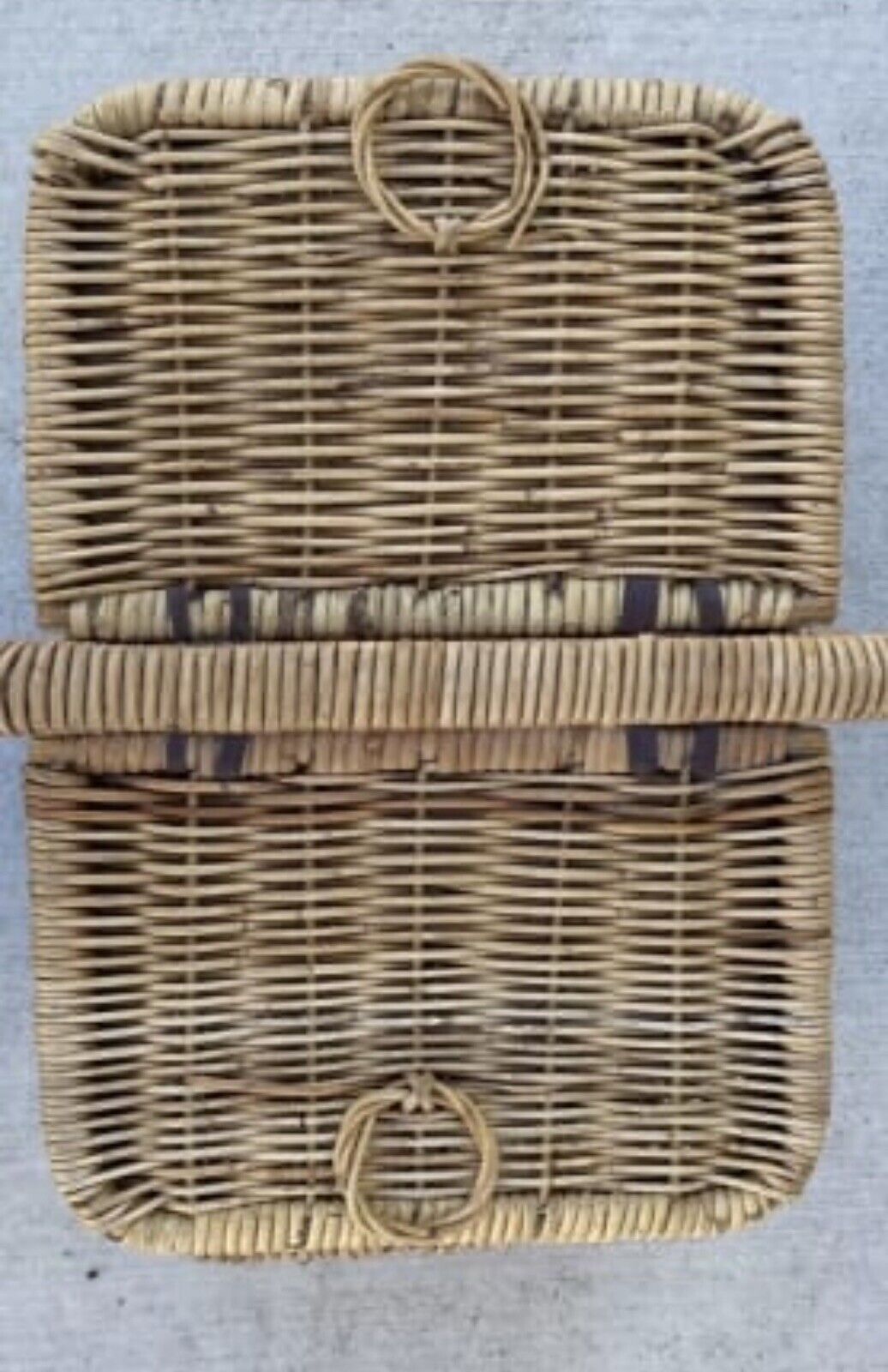 Vintage Picnic Basket 47cm BAMBOO CANE HAMPER FRENCH 2 Lids Leather Binding AE47