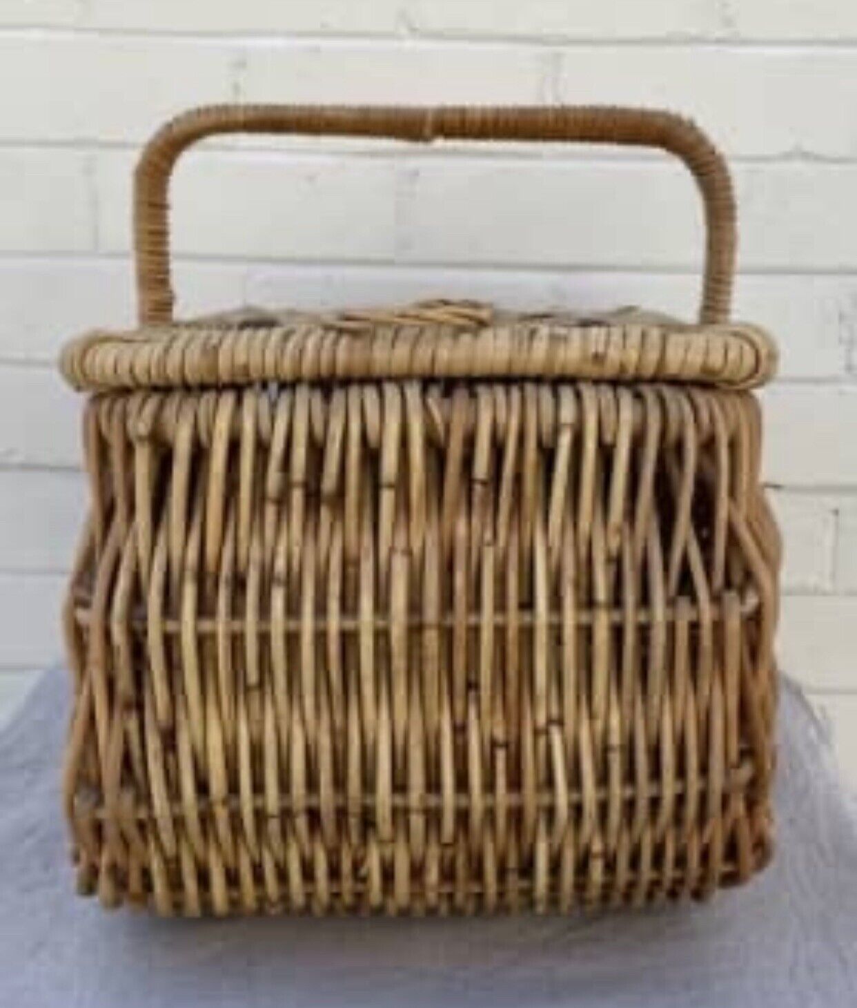 Vintage Picnic Basket 47cm BAMBOO CANE HAMPER FRENCH 2 Lids Leather Binding AE47
