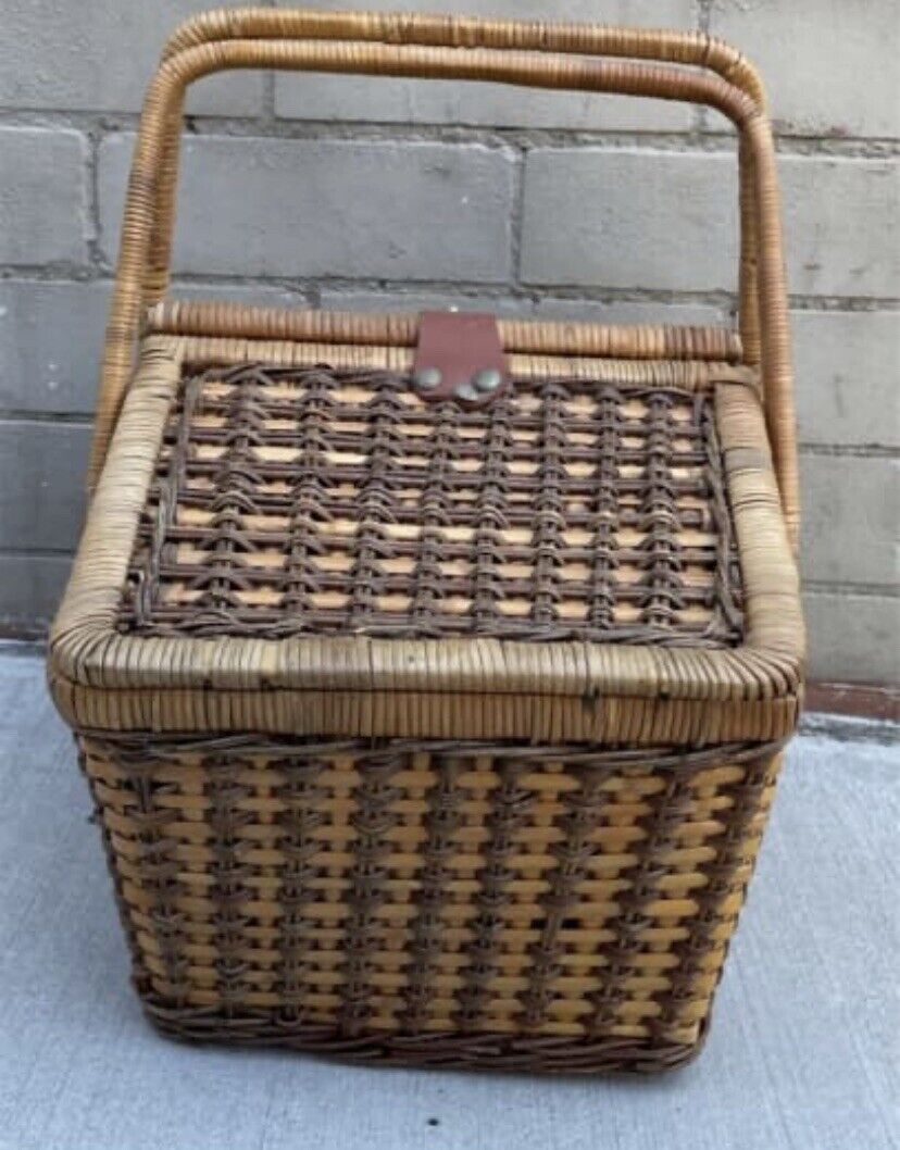 Vintage Picnic Basket 41.5cm Woven Wicker BAMBOO Split Cane Hamper 2 tone AE50