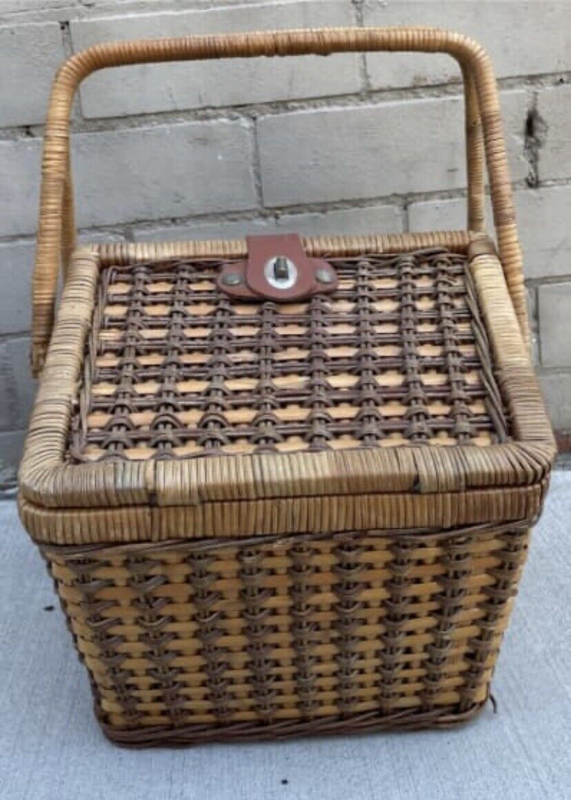 Vintage Picnic Basket 41.5cm Woven Wicker BAMBOO Split Cane Hamper 2 tone AE50
