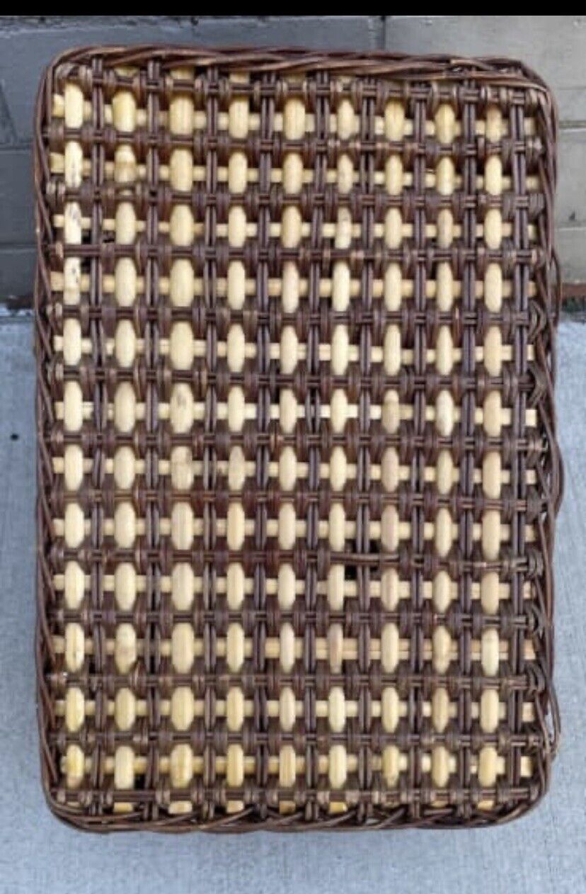 Vintage Picnic Basket 41.5cm Woven Wicker BAMBOO Split Cane Hamper 2 tone AE50